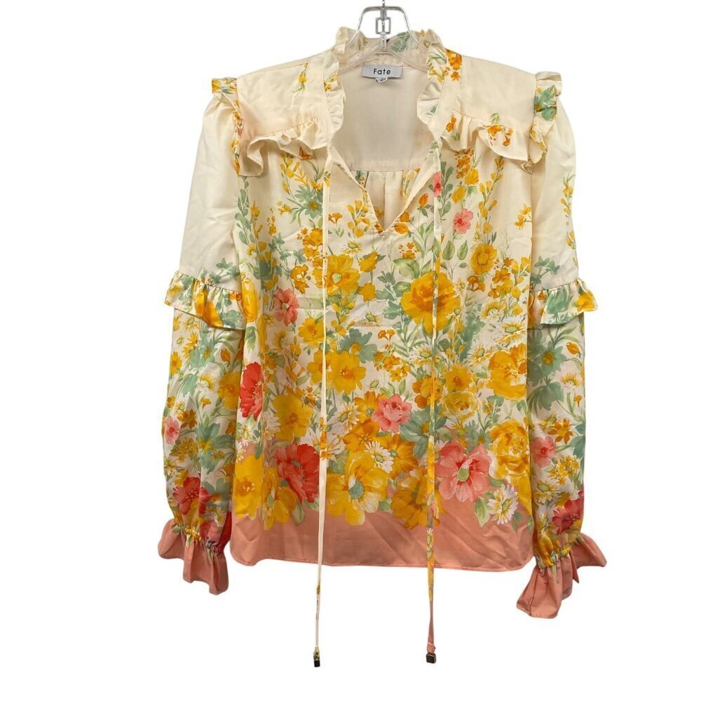 Fate Womens Floral Blouse Long Sleeve Ruffle Yellow/Multi Size Small Lined